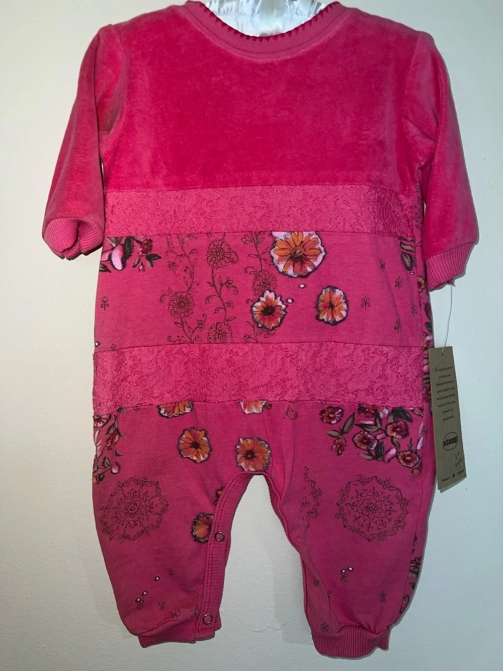 Vintage Kids stamp Hot Pink Crewneck 1 Piece with velour Top and Lace Trim